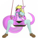  blonde_hair bottomless breasts clothed clothing dragon female hair half-dressed horn horns miqu plain_background solo spots_(character) upskirt white_background 