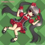  blush bow bowtie checkered dress food frills fruit gloves gothic_lolita grey_hair hair_ribbon ichika kooh lolita_fashion long_hair lying on_back open_mouth outstretched_arms pangya red_eyes ribbon shoes solo spread_arms strawberry thigh_gap twintails very_long_hair 