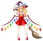  alternate_headwear black_hat blonde_hair bobby_socks borrowed_garments bow broom closed_mouth duplicate fang fang_out flandre_scarlet full_body hair_bow hand_on_headwear hand_on_hip hat hat_bow legs_apart mary_janes miya_(tsumazukanai) one_side_up orange_eyes red_bow red_skirt red_vest ribbon shoes short_hair simple_background skirt skirt_set smile socks solo standing touhou vest white_background white_bow white_legwear wings witch_hat wrist_cuffs 