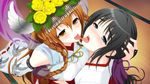  2girls axanael black_hair blue_eyes blush brown_hair game_cg kiss long_hair tongue tsuji_santa yuri 