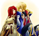  1boy 1girl arc_system_works blazblue blazblue:_calamity_trigger blazblue:_continuum_shift blonde_hair blush cape coat female gloves green_eyes hand_holding holding_hands jin_kisaragi kisaragi_jin long_hair male military military_uniform red_hair short_hair sitting tsubaki_yayoi uniform yua 