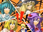 4girls alice_margatroid all-out_attack blonde_hair blue_eyes blue_hair bow braid capelet cut-in hair_bow hair_ribbon hairband hat kawashiro_nitori kinsenka kirisame_marisa multiple_girls open_mouth parody patchouli_knowledge persona persona_4 purple_eyes purple_hair ribbon shanghai_doll touhou twintails two_side_up witch_hat yellow_eyes 