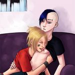  barbell_piercing blonde_hair blue_hair closed_eyes eyebrow_piercing fern_(h-f) grey_eyes hair_bun licking long_hair lowres male_focus multiple_boys nipples original piercing short_hair sitting smile tongue yaoi 