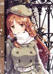  alternate_costume alternate_eye_color belt beret braid brown_eyes brown_hair coat contemporary face gate hat highres hong_meiling jacket ke-ta long_hair outdoors scarf snow snowing solo star touhou twin_braids upper_body winter_clothes winter_coat 
