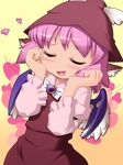  animal_ears blush brooch closed_eyes hat heart heart_in_mouth jewelry mystia_lorelei open_mouth pink_hair short_hair simple_background smile solo touhou upper_body wings you_naka 
