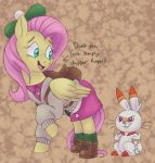  2019 digital_media_(artwork) fluttershy_(mlp) friendship_is_magic fur hair itoruna lagomorph mammal my_little_pony nintendo pink_hair pok&eacute;mon pok&eacute;mon_(species) scorbunny video_games white_fur wings yellow_fur 