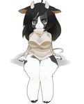  anthro black_hair blush bovine breasts cattle cow female grey_eyes hair hi_res horn horns looking_at_viewer mammal panties plain_background sitting solo underwear white_background yoshiaki 