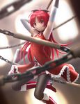  armpits blurry boots bow chain depth_of_field detached_sleeves food grin hair_bow highres knee_boots long_hair magical_girl mahou_shoujo_madoka_magica pocky polearm red_eyes red_hair sakura_kyouko siraha smile solo spear thighhighs weapon 