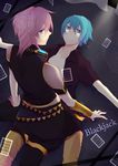  absurdres aqua_eyes aqua_hair blackjack_(vocaloid) card chi_yu genderswap hatsune_mikuo highres megurine_luki multiple_boys pink_hair short_hair vocaloid 