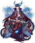  ao_no_exorcist black_hair blue_eyes boots flower gears highres isago_(ica) male_focus md5_mismatch necktie okumura_rin pointy_ears sitting solo spider_lily striped striped_neckwear sword tail weapon 