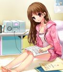  bad_id bad_pixiv_id barefoot bed bloomers blush brand_name_imitation brown_hair calendar_(object) cd cd_case cd_player cherry_print earphones feet food_print jacket listening_to_music momoko_(momopoco) nightstand pajamas pencil pink_eyes sheet_music solo sony stereo toes underwear 