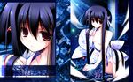  bare_shoulders black_hair breasts brown_eyes clothes_down hair_ornament hair_over_breasts hand_in_hair highres japanese_clothes kimono long_hair looking_at_viewer medium_breasts no_bra no_panties open_clothes original partially_submerged sidelocks solo tenmu_shinryuusai wallpaper water 
