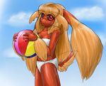  beach_ball female lagomorph lagomprph looking_at_viewer lopunny mammal nintendo pink_nose pok&#233;mon pok&eacute;mon red_eyes solo swimsuit tail video_games 