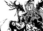  acryl bow capelet crescent ghost greyscale hat long_hair mima monochrome simple_background solo staff star touhou touhou_(pc-98) wings wizard_hat 