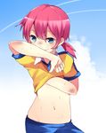  arm_up bad_id bad_pixiv_id blue_eyes blush dirty dirty_face hand_on_own_chest inazuma_eleven_(series) inazuma_eleven_go kirino_ranmaru male_focus midriff navel otoko_no_ko pants pink_hair pun2 shirt short_twintails smile solo sweat twintails 