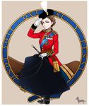  blue_eyes boots british brown_hair dog elizabeth_ii england gloves hat highres horse horseback_riding inset looking_at_viewer md5_mismatch medal military military_uniform queen real_life riding riding_crop salute silhouette solo spurs toge_inu uniform united_kingdom 