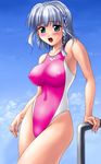  :o arena_(company) arm_support armpits artist_request bangs blue_eyes blush braid breasts cloud competition_swimsuit covered_nipples day embarrassed hair_ornament hairclip highleg highleg_swimsuit highres impossible_clothes impossible_swimsuit large_breasts looking_at_viewer one-piece_swimsuit open_mouth outdoors seolla_schweizer short_hair side_braid silver_hair single_braid sky solo standing super_robot_wars swimsuit thighs 