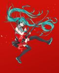  1girl ;) alternate_color alternate_nail_color bare_arms black_nails black_skirt blue_eyes blue_hair commentary_request electric_guitar eyebrows_visible_through_hair fingernails floating_hair full_body grey_shirt guitar happy hatsune_miku highres holding holding_instrument instrument ixima jumping long_hair music nail_polish one_eye_closed pin playing_instrument plectrum red_background shirt shoulder_tattoo simple_background skirt sleeveless sleeveless_shirt smile solo spread_legs tattoo thighhighs thighs twintails very_long_hair vocaloid 