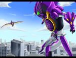  armor bad_id bad_pixiv_id beak cityscape day flying kamen_rider kamen_rider_ooo no_humans putotyra_(ooo_combo) sky 