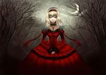  alice_(wonderland) alice_in_wonderland aqua_eyes blonde_hair choker crescent_moon dress gia highres jewelry mansion moon necklace red_dress solo tree 