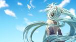  1girl bare_shoulders blue_hair blue_neckwear blue_sky cloud cloudy_sky commentary_request day detached_sleeves facing_away floating_hair flying graphite_(medium) grey_shirt hatsune_miku headset highres long_hair looking_up mitsu_rou necktie outdoors paper_airplane shirt sky sleeveless sleeveless_shirt solo standing traditional_media twintails upper_body very_long_hair vocaloid 