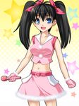  alternate_hairstyle bad_id bad_pixiv_id belt black_hair blue_eyes crop_top cute_&amp;_girly_(idolmaster) fang ganaha_hibiki gloves highres idolmaster idolmaster_(classic) long_hair microphone midriff navel open_mouth shirt smile solo taut_clothes taut_shirt totokichi twintails 