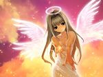  angel angel_wings cleavage foreshortening halo long_hair shihira_tatsuya smile transparent_clothing wings 