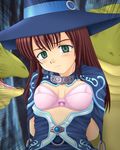  1girl angry arms_behind_back blush bra brown_hair cleavage crying frog_series green_eyes hat jewelry pink_bra raep sad saliva smug tears tyurru witch 