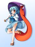  :p ahoge blue_eyes blue_hair blush full_body geta heterochromia highres karakasa_obake red_eyes shinjitsu short_hair skirt smile solo tatara_kogasa tongue tongue_out touhou umbrella 