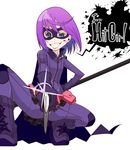  blood eito english grin hit-girl kick-ass mask purple_hair short_hair smile solo sword weapon 