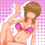  bangs bikini breasts brown_hair christina_sierra duplicate gradient gradient_background green_eyes gundam gundam_00 halftone halftone_background large_breasts looking_at_viewer navel pink_background pink_bikini rokuichi solo swimsuit white_background 