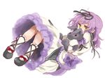  ankle_lace-up bad_id bad_pixiv_id cross-laced_footwear dress eiyuu_densetsu hair_ribbon hato_(hb0mugi) object_hug purple_hair renne ribbon simple_background socks solo sora_no_kiseki stuffed_animal stuffed_bunny stuffed_toy 