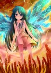  bad_id bad_pixiv_id bare_legs bare_shoulders blue_eyes blush collarbone dress green_hair highres light_smile long_hair saya saya_no_uta solo wings yuuri_nayuta 