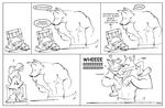  black_and_white canine chair comic creating_art cuddling drawing line_art mammal monochrome muscles plain_background poop_(artist) snuggling table topless white_background wolf 