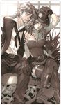  1girl bad_id bad_pixiv_id bare_shoulders boots cowboy_hat crossed_legs earrings formal fringe_trim gloves hat jewelry kilart monochrome necklace original sitting tattoo thighhighs western 