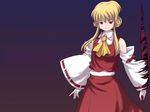  ascot bare_shoulders blonde_hair cosplay detached_sleeves ears eyebrows eyebrows_visible_through_hair frilled_shirt_collar frills gap gradient gradient_background grin hair_up hakurei_reimu hakurei_reimu_(cosplay) haniwa_(leaf_garden) long_hair looking_at_viewer red_eyes red_ribbon red_shirt red_skirt ribbon ribbon-trimmed_sleeves ribbon_trim shirt skirt smile solo touhou white_shirt white_sleeves yakumo_yukari yellow_neckwear 