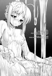  artoria_pendragon_(all) blush breasts doujinshi fate/stay_night fate_(series) greyscale highres lotion medium_breasts monochrome namonashi nipples panties saber short_hair slime solo spread_legs striped striped_panties topless underwear 