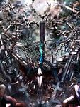  absurdres arm_cannon arm_up belt bikini_top black_hair black_rock_shooter_ black_rock_shooter_(character) blue_eyes boots chain coat cross front-tie_top gloves glowing_eye glowing_eyes gun high_res long_hair midriff navel oppai pale_skin scar shorts solo twin_tails 