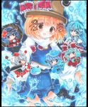  blush chibi colored_pencil_(medium) frog hair_bobbles hair_ornament hat inubashiri_momiji kagiyama_hina kawashiro_nitori kochiya_sanae long_hair marker_(medium) moriya_suwako mountain_of_faith multiple_girls pekopokox shikishi short_hair snake touhou traditional_media yasaka_kanako 