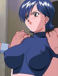  animated animated_gif blue_hair blush bouncing_breasts breasts breasts_apart covered_nipples katsura_ken'ichirou knife large_breasts lipstick makeup miki_(viper) nipples restrained short_hair solo tearing_clothes torn_clothes viper viper_ctr 