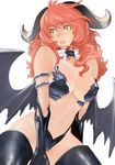  armlet breasts cleavage demon_girl demon_wings elbow_gloves gloves hirose_soushi horns large_breasts long_hair navel orange_eyes original red_hair simple_background solo succubus textless thighhighs thighs wings 