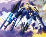  beam_rifle blonde_hair blue_eyes blue_leotard blue_tears_(infinite_stratos) bodysuit cecilia_alcott chouzetsu_yarou cloud curly_hair drill_hair energy_gun gun hairband hexagon infinite_stratos leotard long_hair mecha_musume pilot_suit solo weapon 