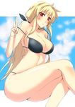  bad_id bad_pixiv_id bikini black_bikini blonde_hair blue_sky blush breasts day fate_testarossa hair_ribbon highres large_breasts legs long_hair lyrical_nanoha mahou_shoujo_lyrical_nanoha_vivid off_shoulder red_eyes ribbon risutan shadow sky solo swimsuit thighs 