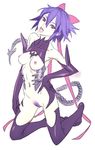  black_legwear bow breasts colored_pubic_hair elbow_gloves gloves hair_between_eyes hair_bow hand_on_hip kagano_ai kneeling mahou_shoujo_ai medium_breasts navel nipples nishieda no_panties open_mouth pubic_hair purple_hair red_eyes short_hair simple_background solo tail thighhighs 