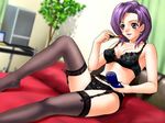  bed black_lingerie black_panties black_thighhighs bra casual_romance_club cosmetics garter_belt houkago_ren-ai_club lingerie lipstick pantsu purple_eyes purple_hair thighhighs 