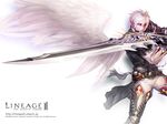  battle lineage_2 male pointed_ears sword white_hair wings 