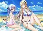  2girls absurdres age_difference arm_support bangle bare_shoulders barefoot beach bikini blue_eyes bracelet breasts casual_one-piece_swimsuit celia_cumani_aintree celia_kumani_entory cleavage cloud cross cup_difference detexted drill_hair erect_nipples feet floral_print flower frills hair_ribbon hairband highres innertube jewelry komori_kei large_breasts legs light_rays lisa_eostre long_hair looking_at_viewer mizugi multiple_girls nail_polish navel one-piece_swimsuit purple_eyes ribbon ricotta risa_eostole sitting size_difference small_breasts smile soles sunbeam sunlight swimsuit thermos thighs twin_drills twintails walkure_romanze wariza 