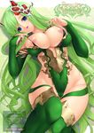  areolae blue_eyes breasts bridal_gauntlets final_fantasy final_fantasy_iv final_fantasy_iv_the_after green_hair green_legwear green_leotard green_nails groin hair_ornament highres large_breasts legs leotard long_hair lying nail_polish nakano_sora nipples on_back revealing_clothes rydia solo thigh_gap thighhighs thighs very_long_hair wide_hips 