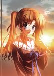  :d absurdres blue_eyes blush brown_hair ef hayama_mizuki highres lens_flare long_hair looking_at_viewer nanao_naru nose_shade official_art open_mouth ribbon scan school_uniform serafuku smile solo sunset twilight twintails upper_body 