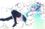  :3 aqua_eyes aqua_hair armpits fingerless_gloves glasses gloves hatsune_miku headphones long_hair lying microphone necktie on_back skirt solo takanashi_ringo thighhighs very_long_hair vocaloid vocaloid_(lat-type_ver) 